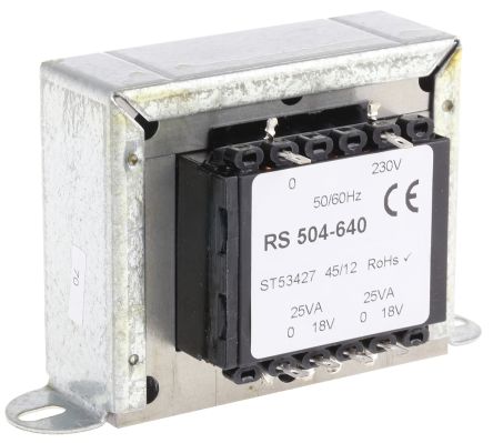 RS PRO 隔离变压器, 50VA, 230V 交流输入, 18V 交流输出
