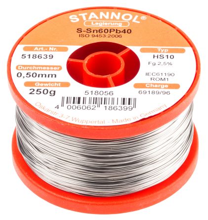 Stannol 0.5mm Wire Lead solder, +183&#176;C Melting Point, 40% Lead, 60% Tin, 250g