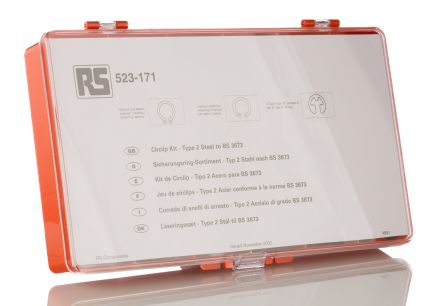 RS PRO 450 Piece E Type, External, Internal Steel Circlip Kit For 13 → 20 Mm, 14 → 25 Mm Shaft Diameters