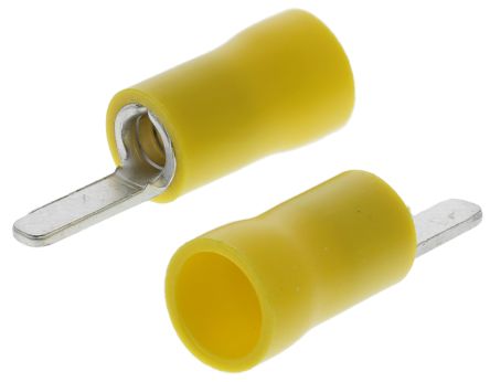 RS PRO Kabelschuh Flachstift Stecker, Isoliert, Gelb, L. 10mm, D. 1mm, Nicht Ummantelt