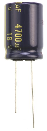 Panasonic Condensador Electrolítico Serie FC Radial, 4700μF, ±20%, 16V Dc, Radial, Orificio Pasante, 18 (Dia.) X 25mm,