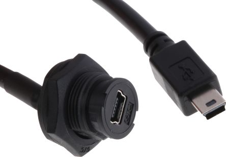 RS PRO USB延长线 USB线, Mini USB B公插转Mini USB B母座, 200mm长, 黑色