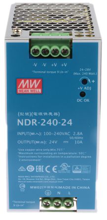 MEAN WELL NDR Switch-Mode DIN-Schienen Netzteil 240W, 90 → 264V Ac, 24V Dc / 10A