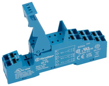 Finder 95 250V ac DIN Rail Relay Socket, for use with 40.51 Relay, 40.52 Relay, 40.61 Relay, 44.52 Relay, 44.62 Relay,