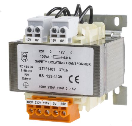 RS PRO 100VA DIN Rail Transformer, IEC 61558-2-6, 230 → 400V Ac Primary, 12V Ac Secondary