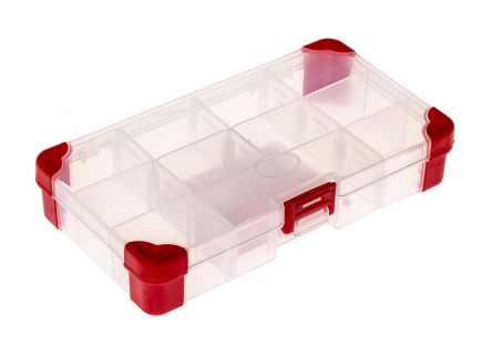 RS PRO 12 Cell Transparent Red Polypropylene, Adjustable Compartment Box, 30mm X 170mm X 100mm