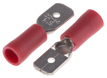 RS PRO Flachsteckhülse, Rot, Isoliert, 6.35 X 0.8mm, Stecker, 0.5mm² - 1.5mm², 22AWG Min