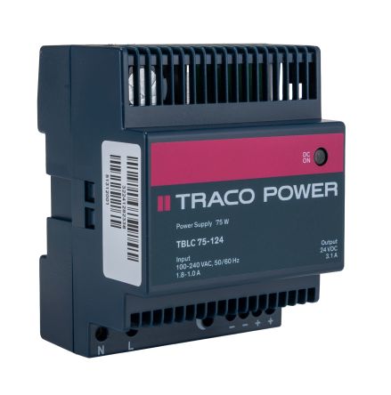 TRACOPOWER TBLC Switched Mode DIN Rail Power Supply, 85 → 264V ac ac Input, 24V dc dc Output, 3.1A Output, 75W