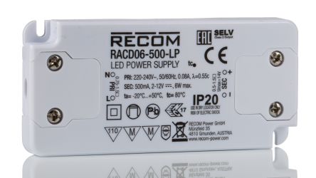 Recom LED-Treiber 198→ 264 V Ac LED-Treiber, Ausgang 2 → 12V Dc / 500mA Konstantstrom