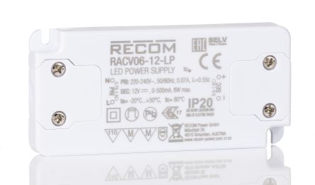 Recom Driver LED Tensión Constante RACV06-LP De Salidas, IN: 198→ 264 V Ca, OUT: 12V Dc, 500mA, 6W, No