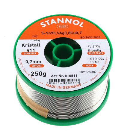 Stannol Soudure Sans Plomb 0.7mm, 250g, Etain 95.5%, Argent 3.8%, Cuivre 0.7%, Fusion à 217°C