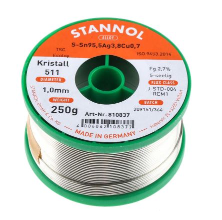 Stannol Wire, 1mm Lead Free Solder, 217°C Melting Point