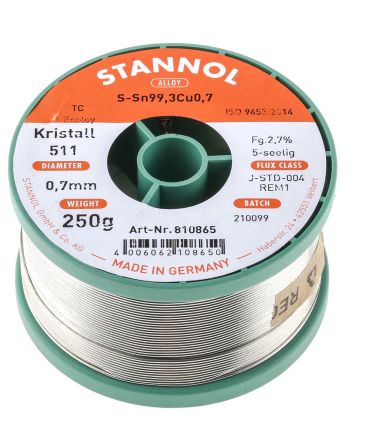 Stannol Wire, 0.7mm Lead Free Solder, 227°C Melting Point
