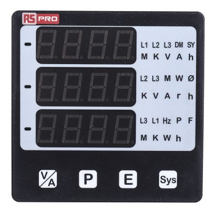 RS PRO 数字面板仪表, 测量交流电流，交流电压，有源功率，视在功率，频率，导入导出电能，无功, 92mm高切面, LED