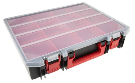 RS PRO 零件收纳盒, 12储物格, 416mm x 91mm x 336mm, 带透明盖板, 聚丙烯, 黑色，红色