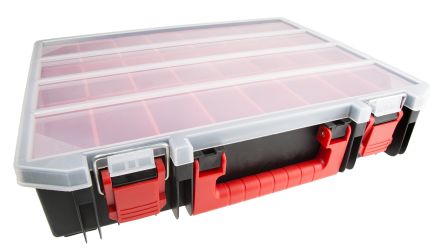 RS PRO 零件收纳盒, 24储物格, 416mm x 91mm x 336mm, 带透明盖板, 聚丙烯, 黑色，红色