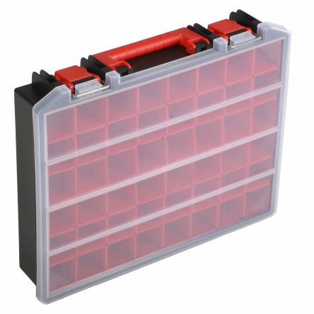 RS PRO 零件收纳盒, 48储物格, 416mm x 91mm x 336mm, 带透明盖板, 聚丙烯, 黑色，红色