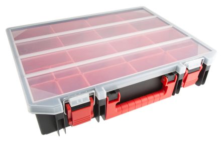 RS PRO 零件收纳盒, 15储物格, 416mm x 91mm x 336mm, 带透明盖板, 聚丙烯, 黑色，红色