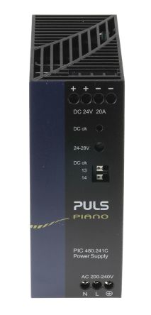 PULS PIANO Switch Mode DIN Rail Power Supply, 230V Ac, 24V Dc Dc Output, 20A Output, 480W