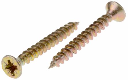 RS PRO Pozidriv Countersunk Steel Wood Screw Yellow Passivated, Zinc Plated, 4mm Thread, 35mm Length