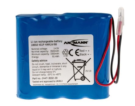 Ansmann Batería Recargable De Ión-Litio, 14.54V, 3.5Ah, 4 Celdas, Terminación En Cable