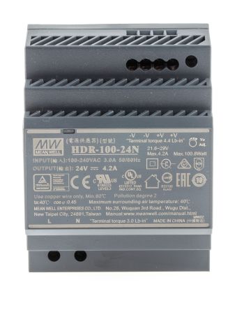 MEAN WELL HDR Switch-Mode DIN-Schienen Netzteil 100.8W, 120 → 370 V Dc, 85 → 264 V Ac, 24V Dc / 4.2A