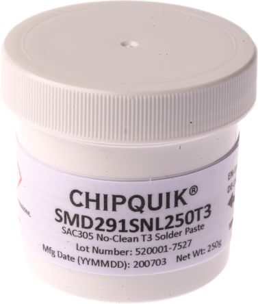 CHIPQUIK Crème à Braser SMD291SNL250T3 SMD291SN, 250g Sans Plomb Bac