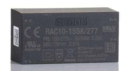 Recom RAC10-K/277 Schaltnetzteil, AUS 15V Dc / 670mA 10W, EIN 85 → 305V Ac Gekapselt, PCB-Montage