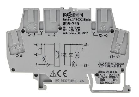 Wago 859 Optokoppler-Anschlussklemme Grau, 2.5mm², 400 V Ac, Mit Käfigklemme