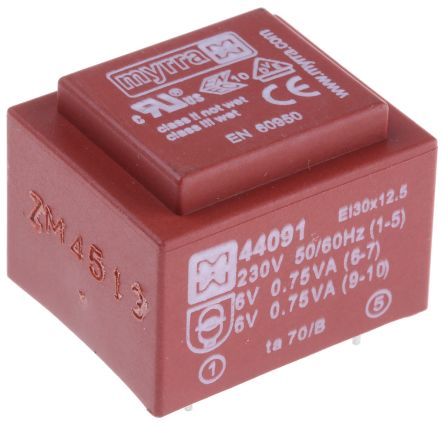 Myrra Transformateur Pour Circuit Imprimé, 6V C.a., 230V C.a., 1.5VA, 2 Sorties