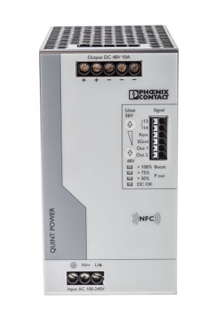 Phoenix Contact QUINT4-PS/1AC/48DC/10 Switch Mode DIN Rail Power Supply, 230V Ac Ac, Dc Input, 48V Dc Dc Output, 10A