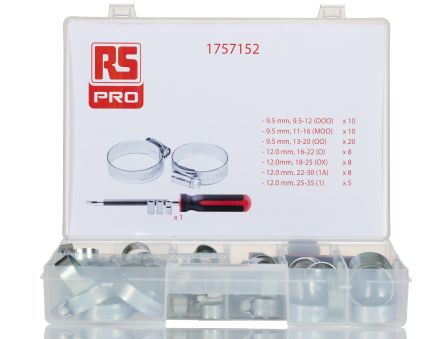 RS PRO 70 Piece Mild Steel Worm Drive Hose Clip Kit, 9.5 → 12mm and 25 → 35mm Inside Diameter