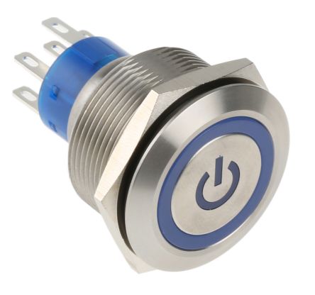 RS PRO Illuminated Push Button Switch, Momentary, Panel Mount, 25.2mm Cutout, DPDT, Blue LED, 250V Ac, IP67