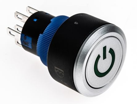 RS PRO Illuminated Push Button Switch, Panel Mount, 22.2mm Cutout, DPDT, Green LED, 250V Ac, IP65