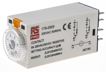 RS PRO Plug In Timer Relay, 230V Ac, 2-Contact, 0.5 → 10s, 1-Function, DPDT