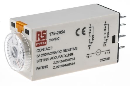 RS PRO Plug In Timer Relay, 24V Dc, 2-Contact, 0.2 → 5min, 1-Function, DPDT
