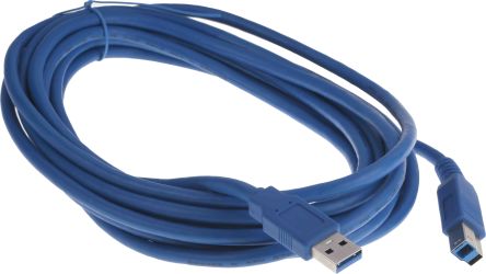 RS PRO USB线, USB A公插转USB B公插, 5m长, USB 3.0, 蓝色