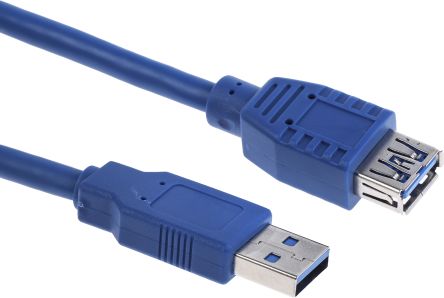 RS PRO USB延长线 USB线, USB A公插转USB A母座, 1m长, USB 3.0, 蓝色