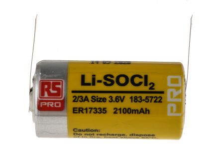RS PRO 2/3 A Batterie, 3.6V / 2.1Ah Li-Thionylchlorid, Fahnen 17 Dia. X 33.5mm