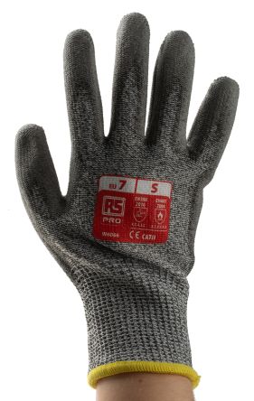 RS PRO Grey Glass Fibre, HPPE Heat Resistant Work Gloves, Size 7, Small, Polyurethane Coating