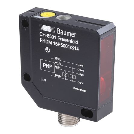 Baumer FHDM 16P Kubisch Optischer Sensor, Diffus, Bereich 20 Mm → 450 Mm, PNP Ausgang, 4-poliger