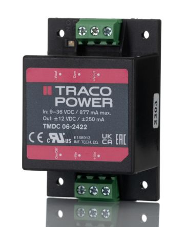 TRACOPOWER TMDC 06 DC/DC-Wandler 6W 24 V Dc IN, ±12V Dc OUT / ±250mA 3kV Dc Isoliert