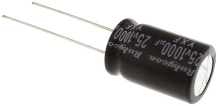Rubycon Condensador Electrolítico Serie YXF, 1000μF, ±20%, 25V Dc, Radial, Orificio Pasante, 12.5 (Dia.) X 20mm, Paso