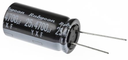 Rubycon YXF, THT Aluminium-Elektrolyt Kondensator 4700μF ±20% / 25V Dc, Ø 18mm X 35.5mm, Bis 105°C