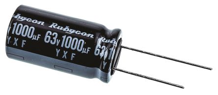 Rubycon YXF, THT Aluminium-Elektrolyt Kondensator 1000μF ±20% / 63V Dc, Ø 16mm X 31.5mm, Bis 105°C