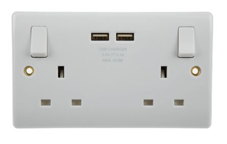 BG Electrical Steckdose Mit Schalter Typ G – Britisch, USB Aufputz 2-fach Weiß, 2-polig / 13A