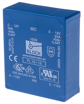 Block Transformador De PCB, 12V Ac, 2 Salidas, Agujero Pasante, Potencia 10VA
