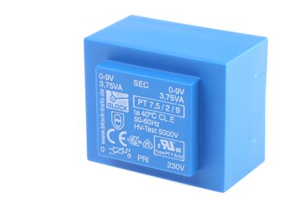 Block Transformateur Pour Circuit Imprimé, 9V C.a., 230V C.a., 7.5VA, 2 Sorties