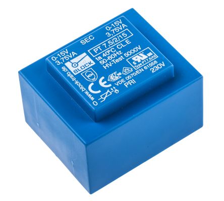 Block Transformateur Pour Circuit Imprimé, 15V C.a., 230V C.a., 7.5VA, 2 Sorties