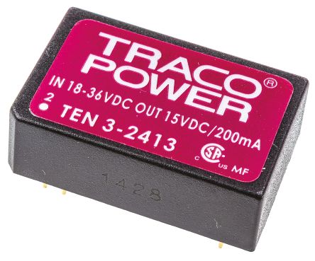 TRACOPOWER TEN 3 DC/DC-Wandler 3W 24 V Dc IN, 15V Dc OUT / 200mA 1.5kV Dc Isoliert